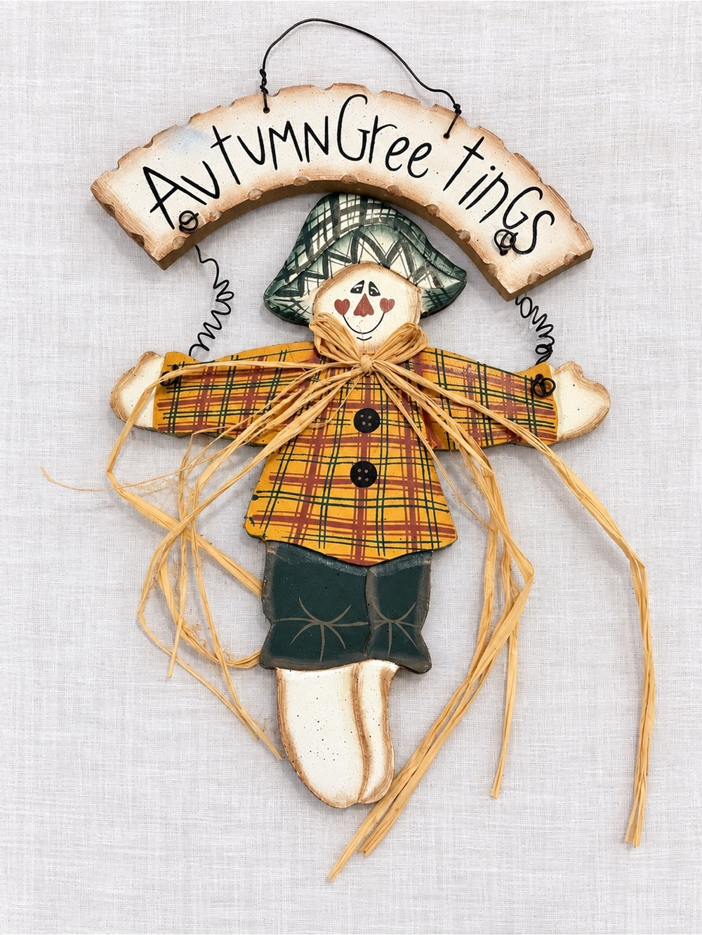 Vintage Autumn Greetings Wooden Scarecrow Wall Hanging 10” Primitive Fall Decor